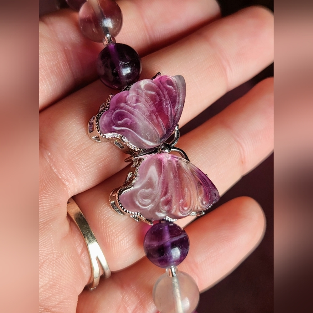 Handmade Genuine Candy Fluorite Butterfly Charm Beaded Crystal Bracelet - Picture 7 of 10